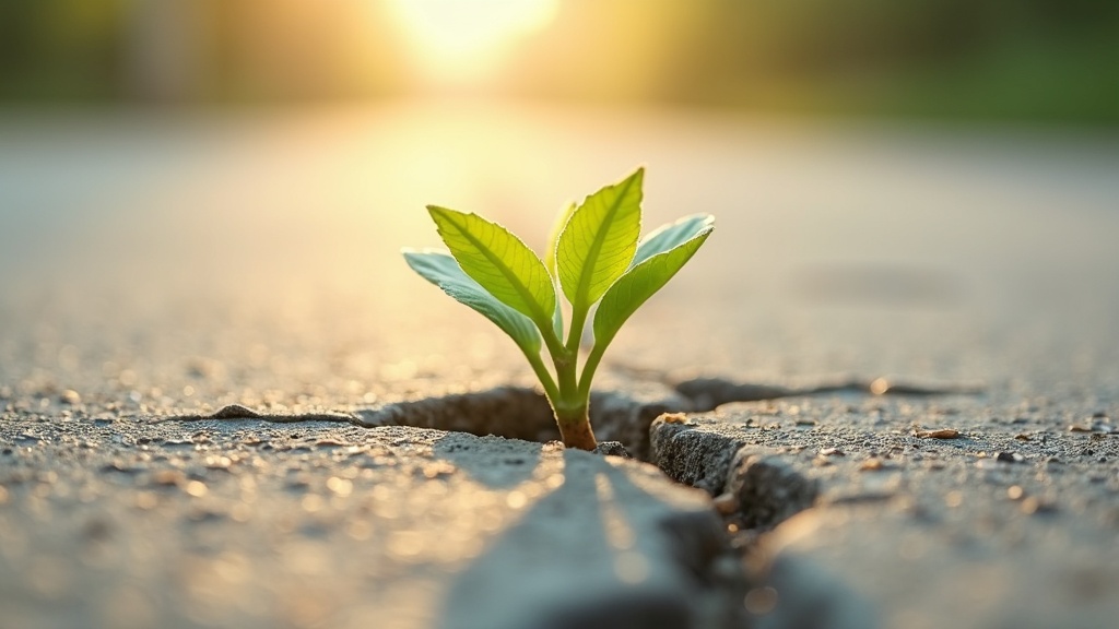 A tiny thriving sprout poking through a crack in pavement, surrounded by sunlight